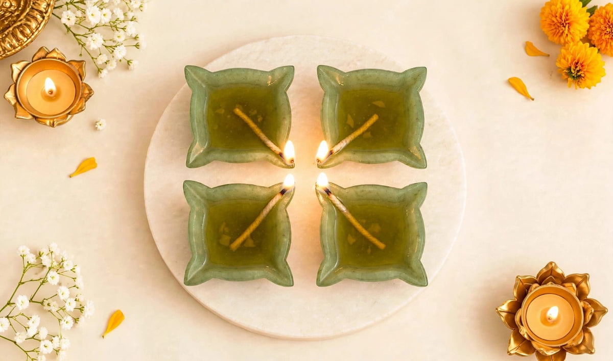 CHOUMUKHI GREEN AVENTURINE CRYSTAL DIYA