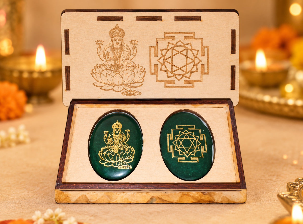 Maha Lakshmi - Shri Yantra Jade Coin with Wooden Case