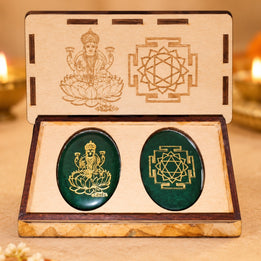 Maha Lakshmi - Shri Yantra Jade Coin with Wooden Case