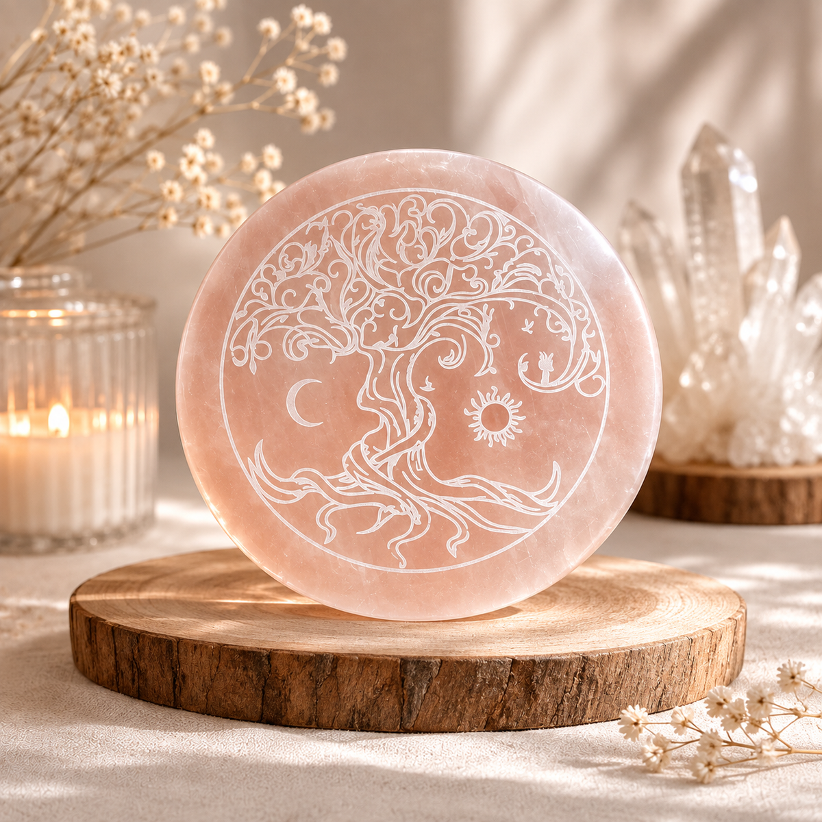 Tree of Life Sun & Moon Balance Selenite Plate