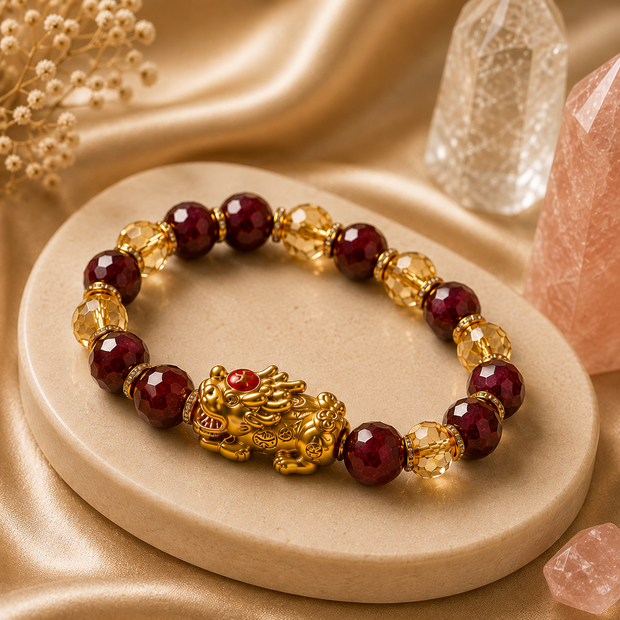 Elite Abundance Mixel — Citrine + Ruby with Golden Pixiu