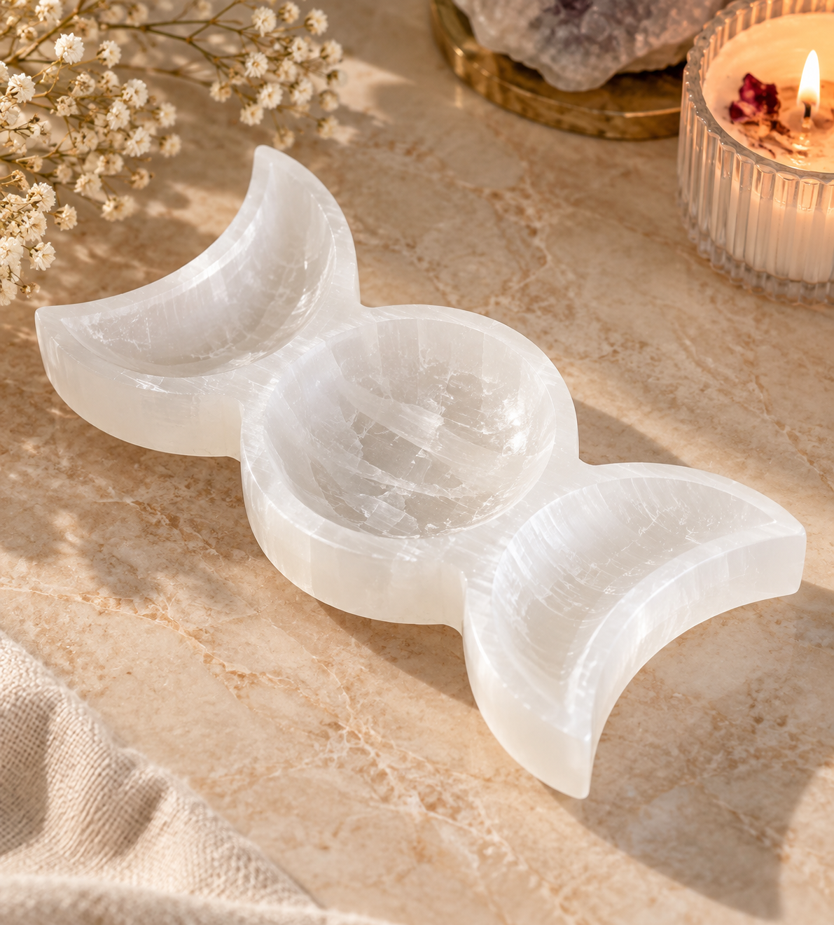 Selenite Triple Moon Plate