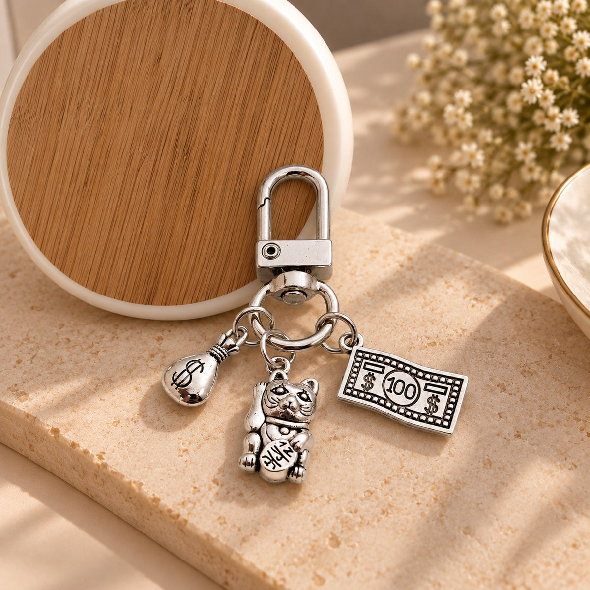 Lucky Cat Dollar Bill and Money Bag Keychain / Charm