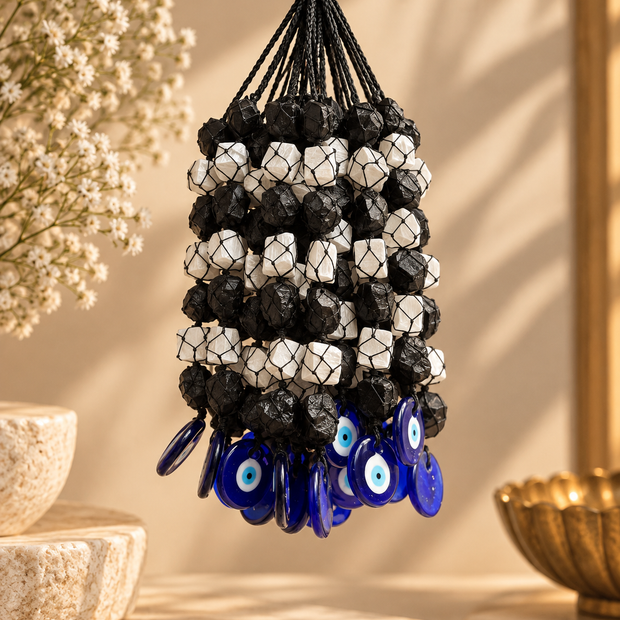 Chunks of Selenite and Black Tourmaline with Evil Eye Hanger