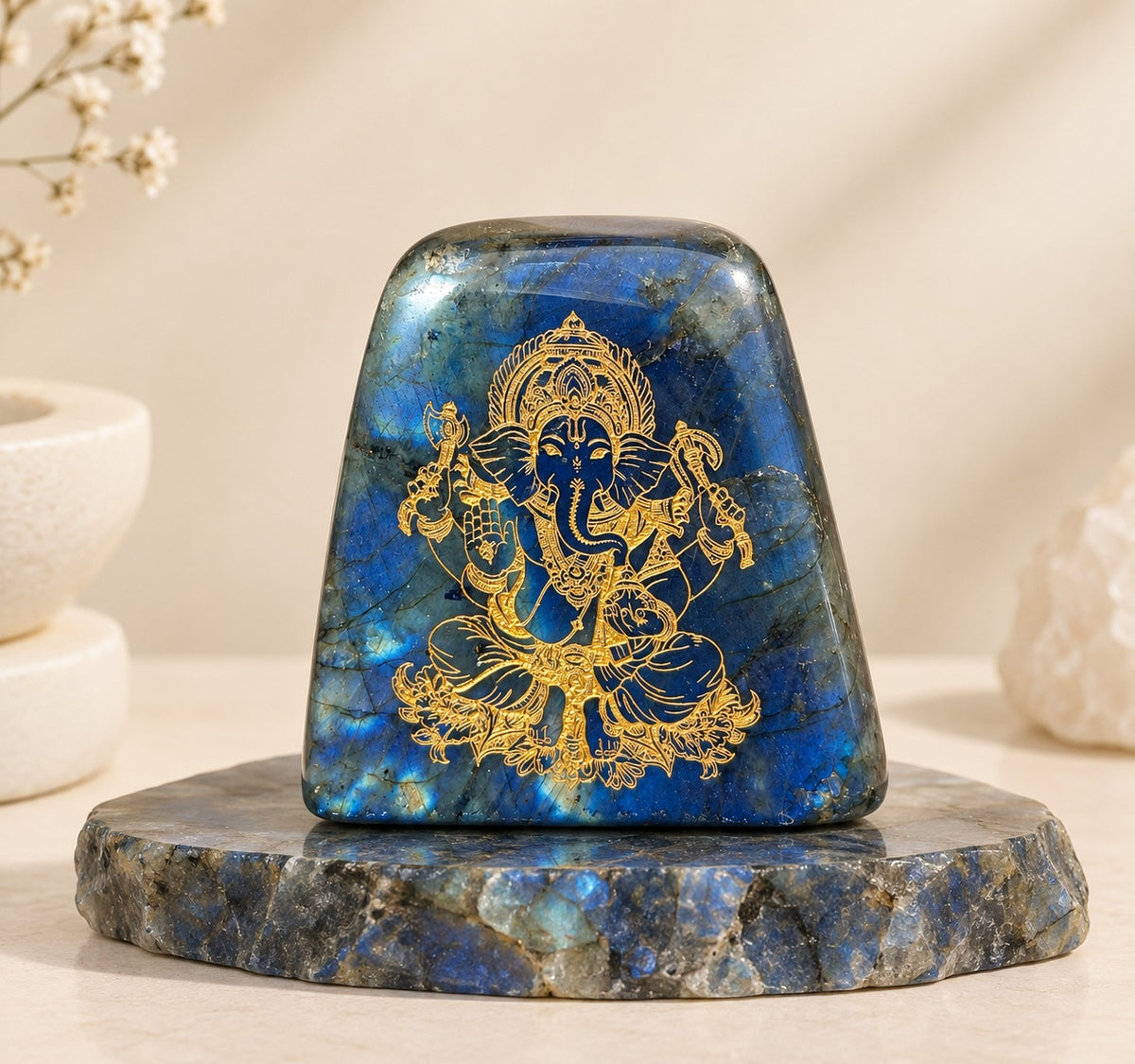 Blue Flashy Labradorite Carved Bappa - Neelmani Bappa