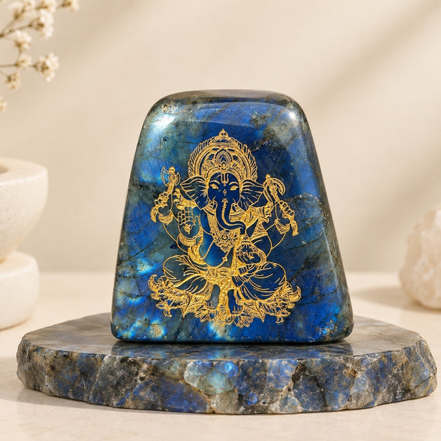 Blue Flashy Labradorite Carved Bappa - Neelmani Bappa