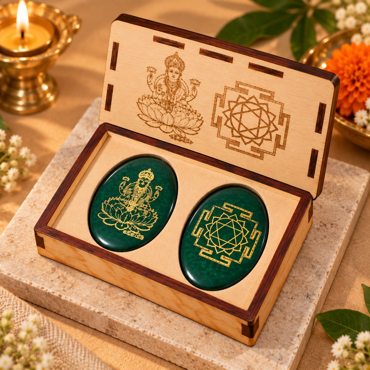 Maha Lakshmi - Shri Yantra Jade Coin with Wooden Case