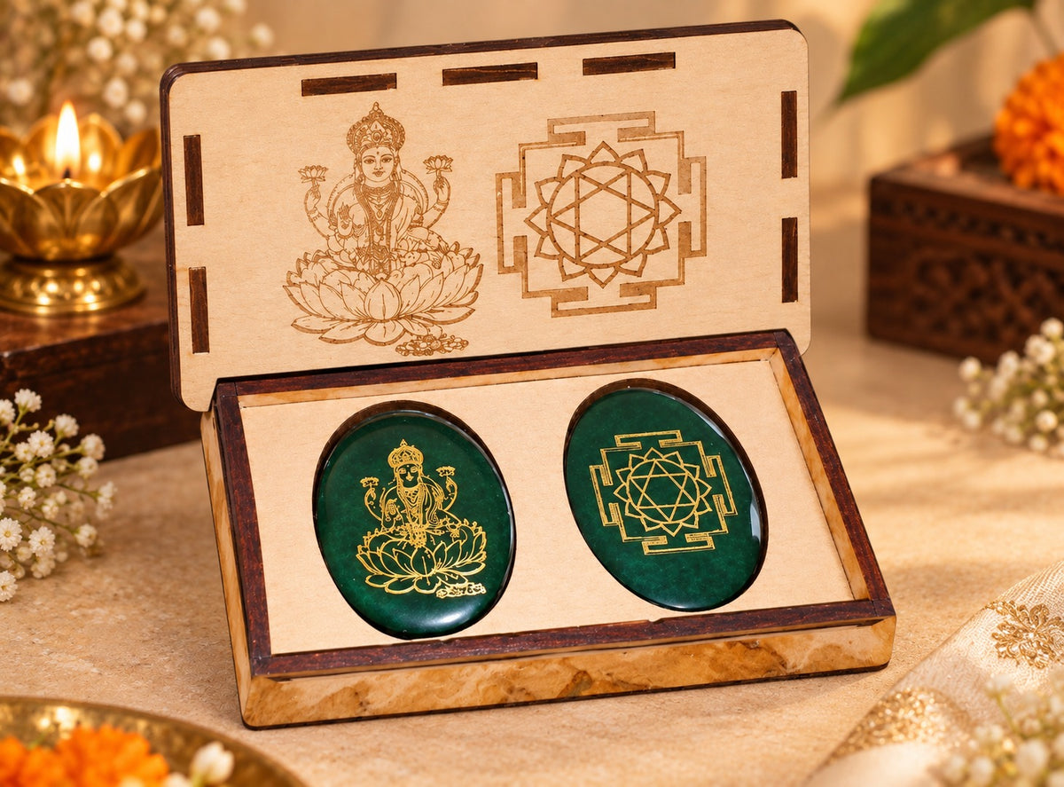 Maha Lakshmi - Shri Yantra Jade Coin with Wooden Case