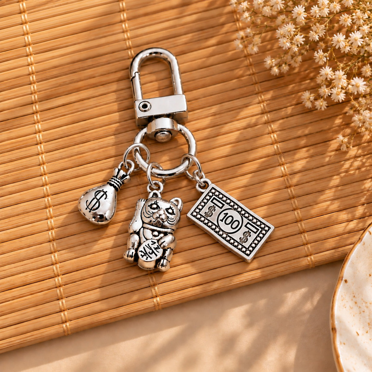 Lucky Cat Dollar Bill and Money Bag Keychain / Charm