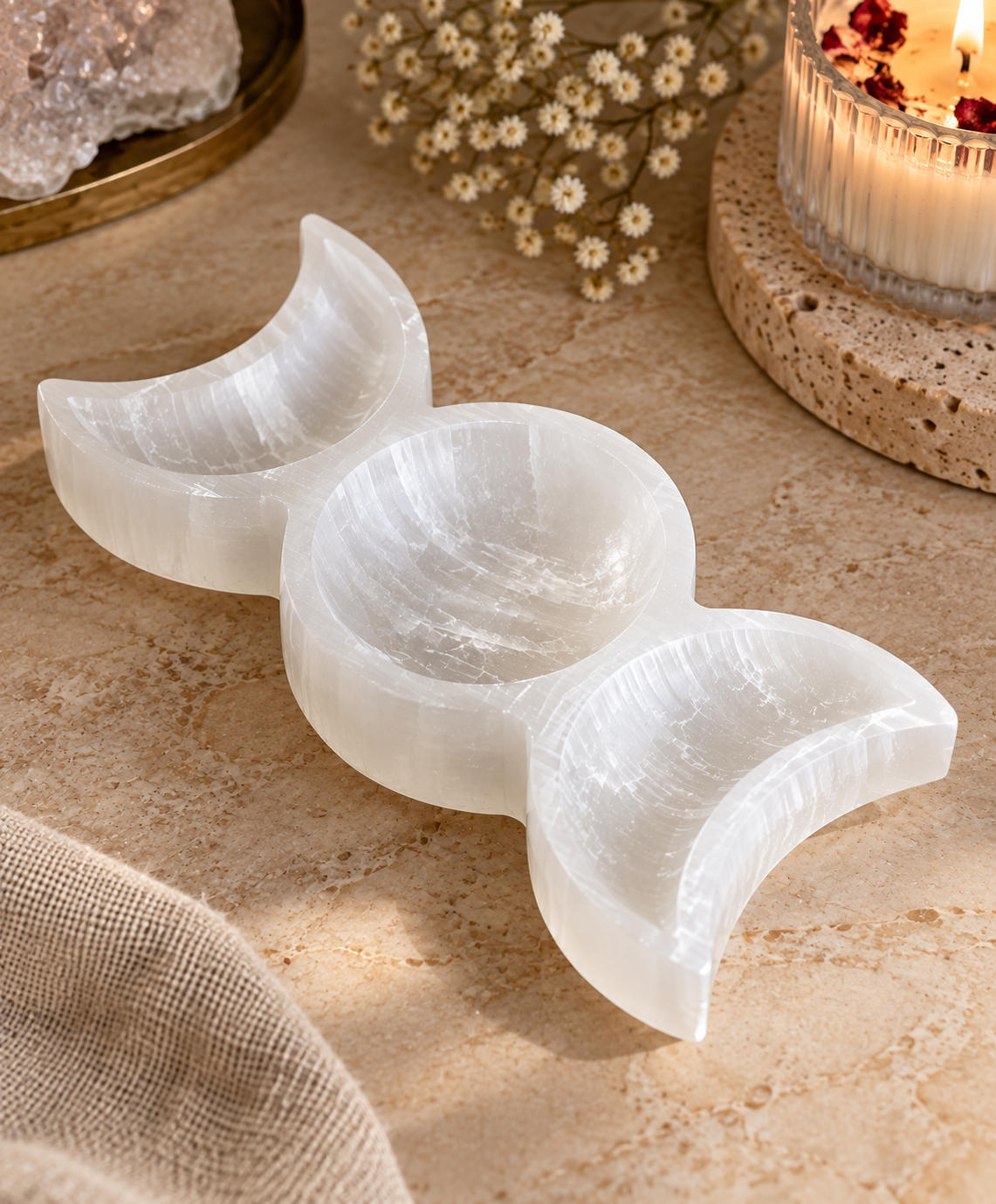 Selenite Triple Moon Plate