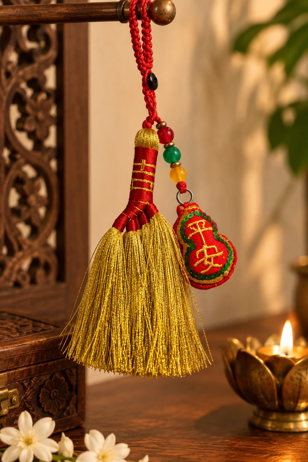 Golden Broom Tied in Auspicious Red String with Embroidered WU LOU