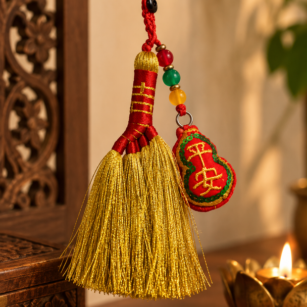Golden Broom Tied in Auspicious Red String with Embroidered WU LOU